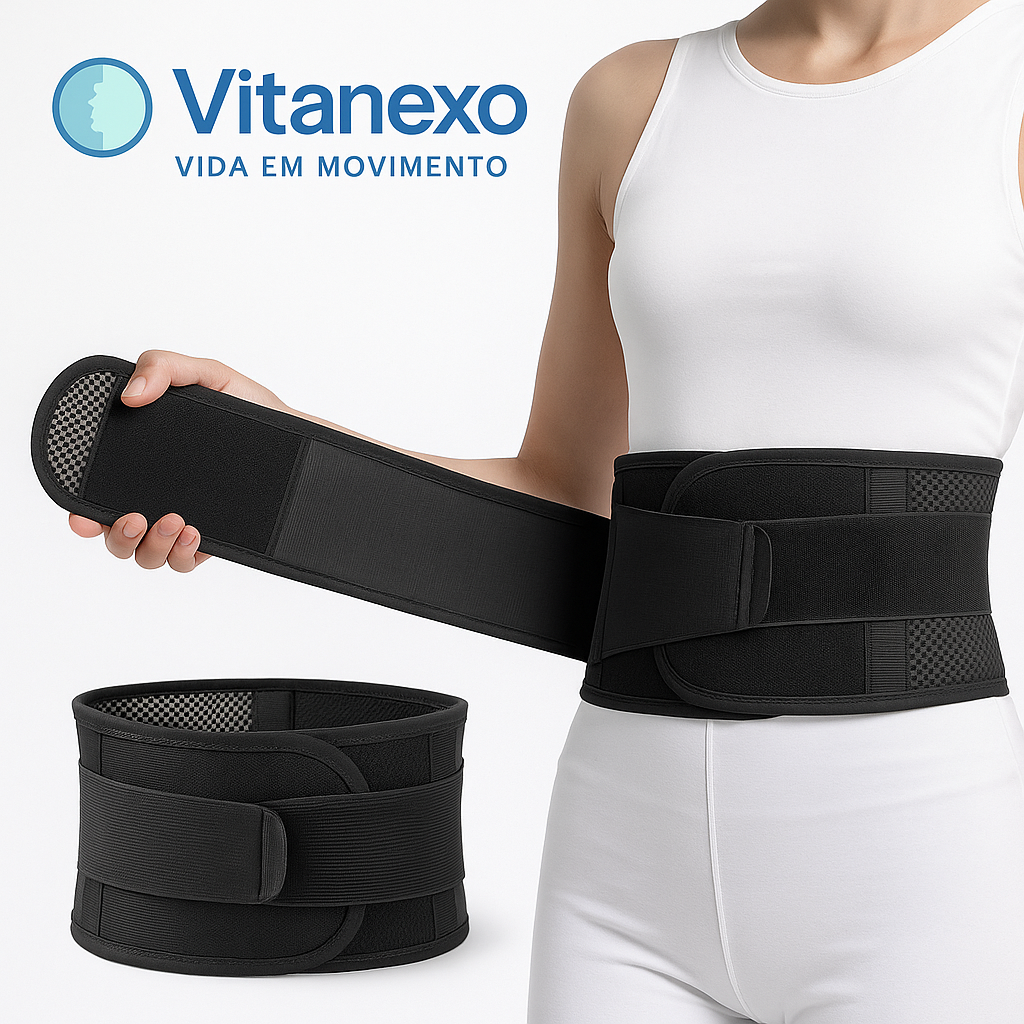 Vitanexo LumbarHeat Pro- Cinta lombar aquecida para alívio de dores — suporte ajustável com terapia magnética